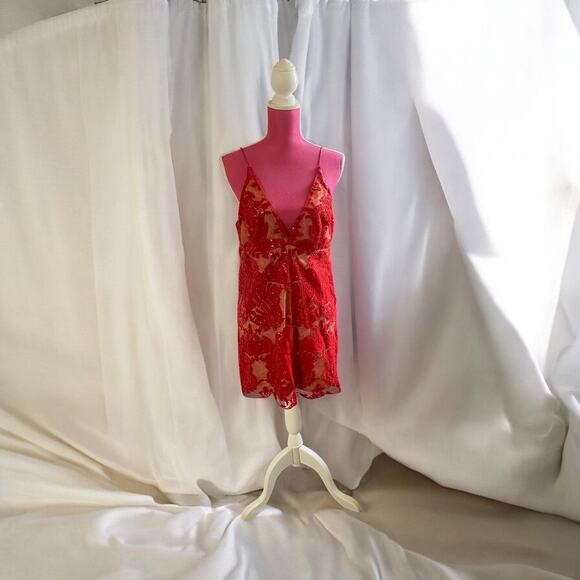 NEW Free People Night Shimmers Red Nude Sequin Mini Dress Boho Chic w/ Lace Sz 8 - Picture 1 of 8